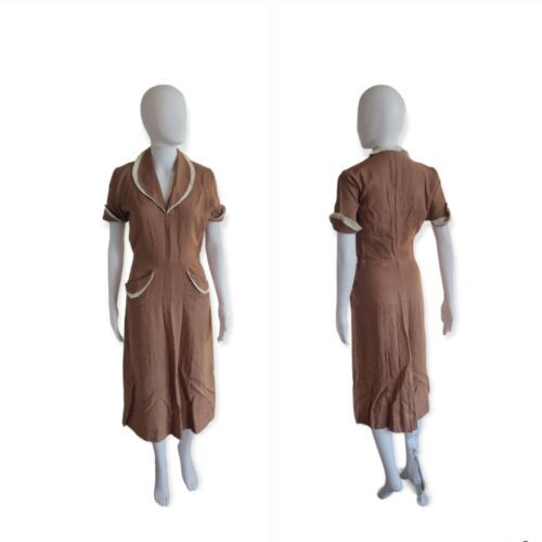 Primary image for Vintage 30-40s "House Of Lords" Linen Blend Collared Midi Dress W25"