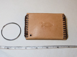 Handmade leather coin key holder lite tan w/ brown 4&quot; X 2 3/4&quot; Praying h... - $12.86
