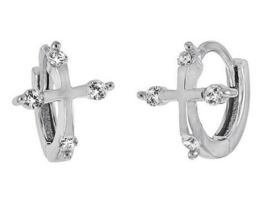 White Sapphire Cross Huggie Hoop Cross Earrings set in Solid Sterling Silver - £35.48 GBP