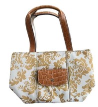 Liz Claiborne Shoulder Handbag Gold &amp; Beige Fabric Faux Leather Double H... - $15.83