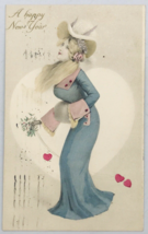 1908 Mosinger Pretty Lady in Blue Dress Fashion Glamour Happy New Year Postcard - £9.74 GBP