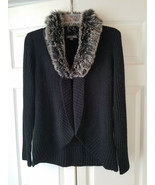Roz &amp; Ali Faux Fur Collar Black Cardigan Sweater Women&#39;s Size Medium - £21.37 GBP
