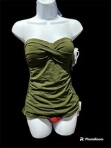 Anne Cole Solid Twist Front Shirred Bandeau Tankini Top Olive Size S top only - £19.42 GBP