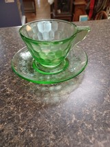 1930s  Hazel Atlas Green Etched Depression Cup Saucer Set - $29.69