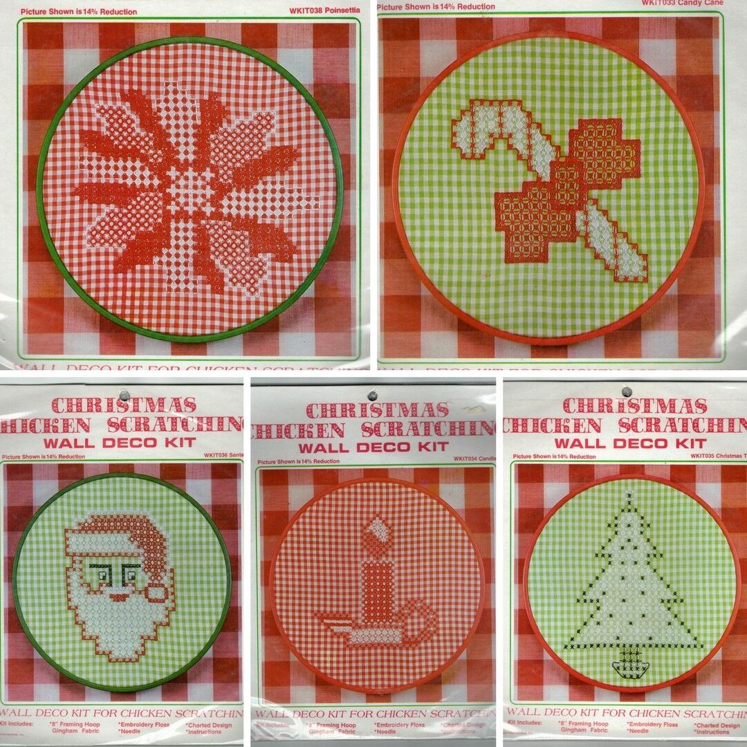 Vintage Christmas Chicken Scratch Embroidery Kit Hoop Gingham Fabric - U Pick - $31.97