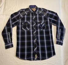 Rafter C Pearl Snap Western Shirt Plaid Mens Large Flip Cuff Black Blue - $17.42