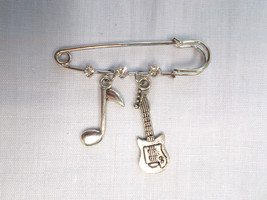 2&quot; Pin Brooch W 3 Crystals W Electric Guitar &amp; Music Note Dangling Alloy Charms - £4.47 GBP