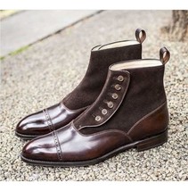 Handmade Mens Brown Button Boots, Men Gentlemen Ankle Boots, Leather Boot - £143.69 GBP