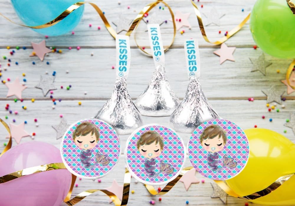 108 Mermaid Baby Boy Shower Personalized Chocolate Kiss Candy Labels Per... - $10.47