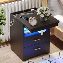 Night Stand With Gun Drawer, Charging Bedside Table With Usb &amp; Type-C, B... - £120.50 GBP