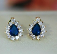 2CT Pear Blue sapphire & Simulated Diamond Stud Earring 18K Yellow Gold Plated - £57.37 GBP