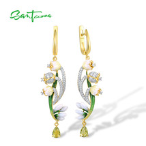 Pure 925 Sterling Silver Drop Earrings For Women Sparkling Green Stones White CZ - £62.56 GBP