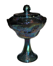 Iridescent Blue Carnival Glass Indiana Harvest Pattern Pedestal Compote Bowl Lid - $24.00