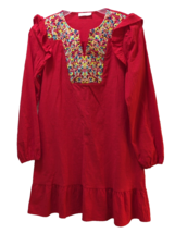 Kirundo women S Small red dress V Neck Floral Embroidered Ruffle long Sleeve - £13.22 GBP