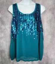 Lane Bryant Teal Green Sequin Tank Top Blouse Womens 26/28 Sleeveless Lined - $24.99
