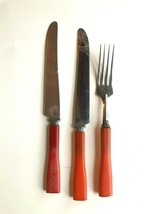 3 Vintage Red Bakelite or Plastic 2 Knives 1 Dinner Fork - £6.25 GBP