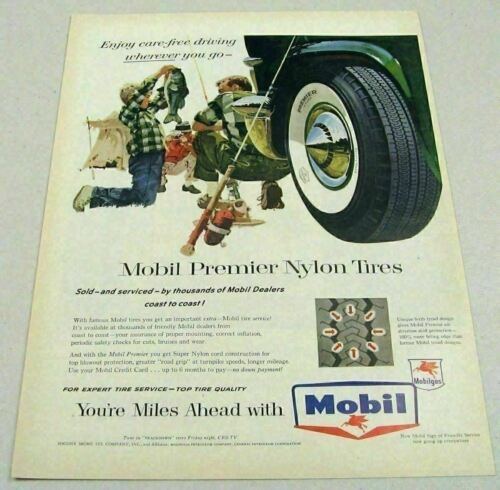 1958 Print Ad Mobil Premier Nylon Tires Dad & Son Admire Fish They Caught - £8.24 GBP