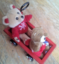 Pull  7.5” Long red wood wagon w 2 plush bears 5&quot; &amp; 6&quot; - £7.00 GBP