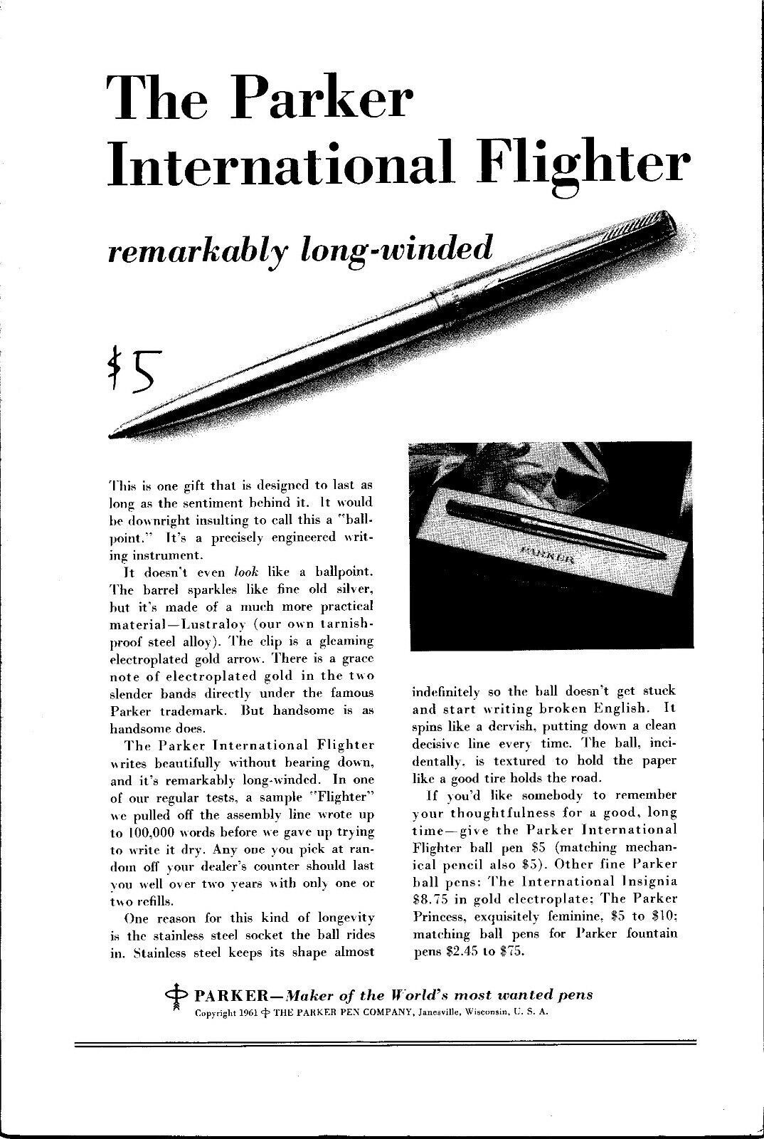 Vintage 1961 Parker Pen International Flighter Print Ad Advertisement  - $5.99