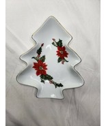 Vintage Lefton Christmas Tree Dish 9&quot;  Poinsettias #06434 1987 - £15.56 GBP