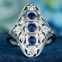 Natural Blue Sapphire Diamond Filigree Three Stone Ring in Solid 9K White Gold - £559.54 GBP