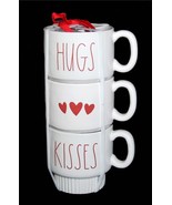 3 RAE DUNN HUGS Red Hearts KISSES Large Heavy Stacking Mugs Ribbed Botto... - $50.75 CAD