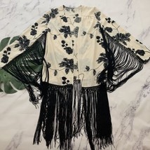 Lira Womens Kimono Top Size M Cream Black Floral Embroidered Tassels Boho - £18.63 GBP
