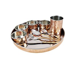 Handmade Hammered Pure Copper Stainless Steel Dinnerware Thali Set 10 Pcs - £72.15 GBP