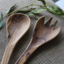 Med Handmade Olive Wood Serving Spoon &amp; Fork Set, Wooden Utensils Made in Jerusa - £31.59 GBP