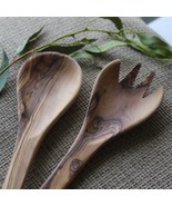 Med Handmade Olive Wood Serving Spoon &amp; Fork Set, Wooden Utensils Made i... - £31.65 GBP