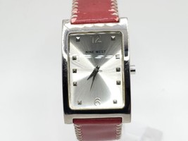 Nine West Silver Tone Rectangle Dial Red Band Quartz Women Watch New Bat... - $19.99