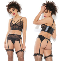 Coquette Longline Bra Garter Belt &amp; G-String Set-Black X-Large-Hanging - £18.37 GBP