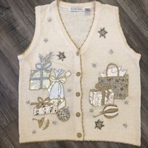Vintage VICTORIA JONES Embroidered Beads Sequins Ivory Christmas Vest Size S - £18.13 GBP