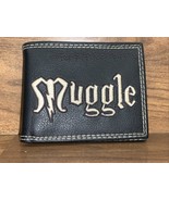 Harry Potter Muggle Bi-Fold Unisex Wallet Black Leather Beige Embroidery - $19.53 CAD