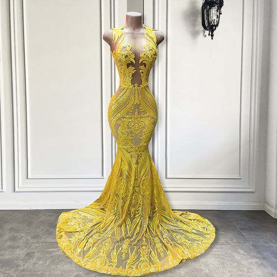 Primary image for Sparkly Applique Prom Dresses 2024 O Neck Yellow Fashion Birthday Party Dresses 