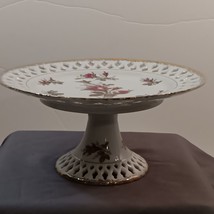 Vintage White Gold Gilt Pink Floral Porcelain Pedestal Cake Stand &amp; Lace Edges - £21.36 GBP