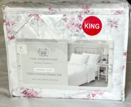 Shabby Chic The Farmhouse King Sheet Set 100% Cotton White Pink Floral - £67.14 GBP