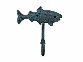 Nautical Decorative Cast Iron Fish Key Towel Coat Hook Hanger Sea worn Blue 6&quot;L - £6.82 GBP