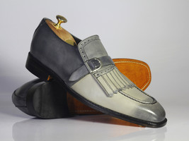 Bespoke Gray Fringes Monk Strap Shoes, Men&#39;s Handmade Leather Suede Dress Shoes - £115.89 GBP+