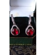 Vintage 1980-s 925 Sterling Silver Red Stone and CZ zirconia Earrings-ha... - £70.21 GBP