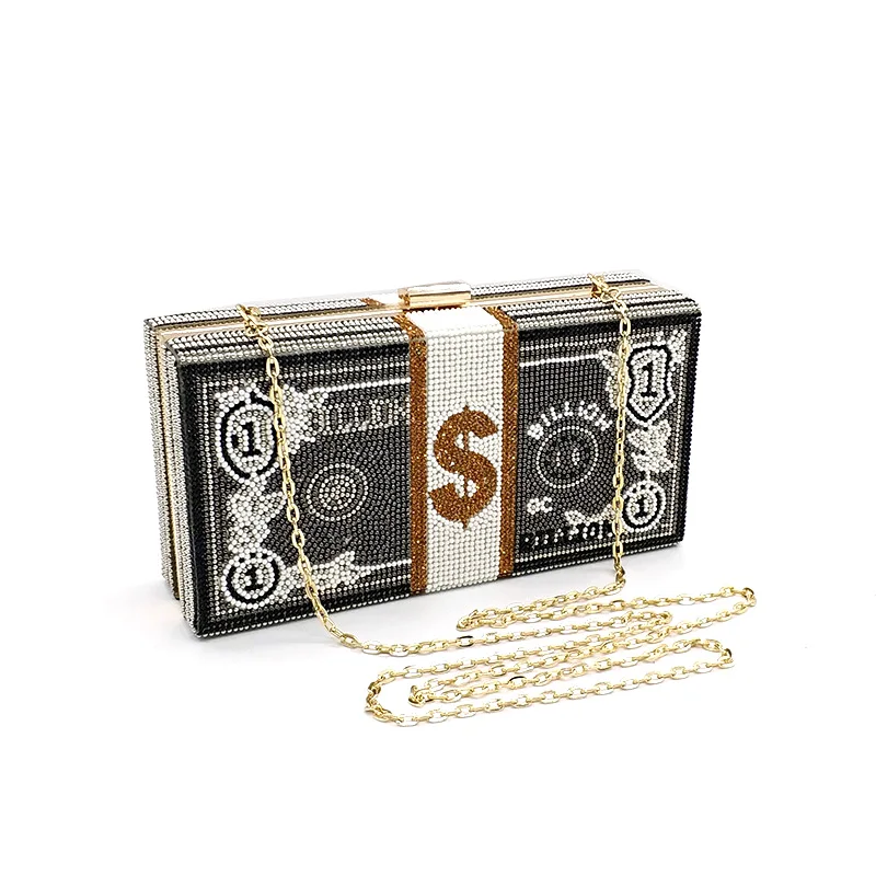 NO GIFT box women evening party stack of funny cash  purse bag crystal cross bod - $125.92