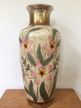 Vtg Style Gold Crackle Hollywood Regency Crane Lacquer Floral Floor Vase 20&quot; - £140.72 GBP