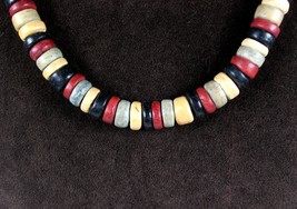Vintage WOOD HEISHI BEADS NECKLACE Red Black Mossy Green Cream Beaded Ch... - $17.81