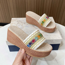 Contrast Cloth Wedge Sandals - $38.95