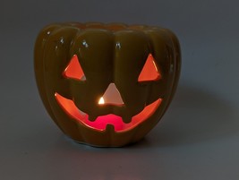 Jack-o-Lantern pumpkin orange ceramic Tealight Candle Holder 4&quot; Halloween decor - £7.83 GBP
