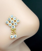 Cute Gold filled Indian dangle Nose Stud White Clear CZ push pin nose ring - £11.06 GBP