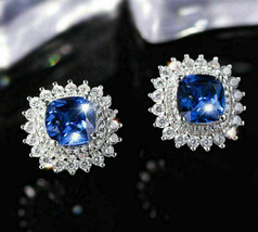 4Ct Cushion Cut Blue Sapphire Double Halo Stud Earrings 14K White Gold Finish - £80.10 GBP