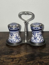 Delft Holland Blue &amp; White Porcelain Salt &amp; Pepper Shakers with Pewter H... - £50.80 GBP