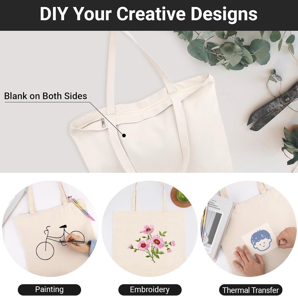Natural Cotton Canvas Tote Bags - 12 Pack with Zipper, Perfect for DIY & Beach Item image 7