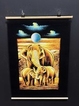 Stunning Hand-Painted Black Velvet Artwork , Elephant Family in the nigh... - $99.00